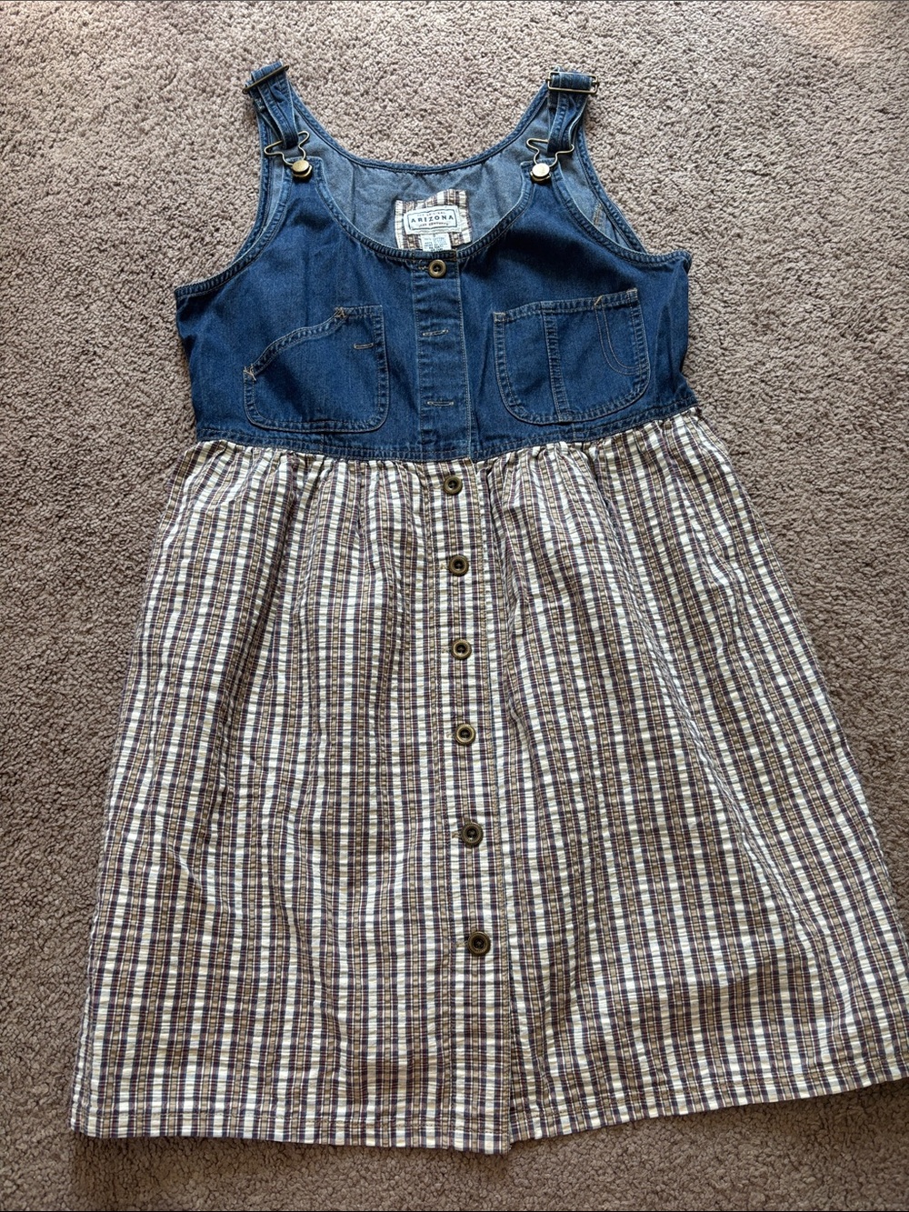 Navy Denim and Plaid Overall Dress